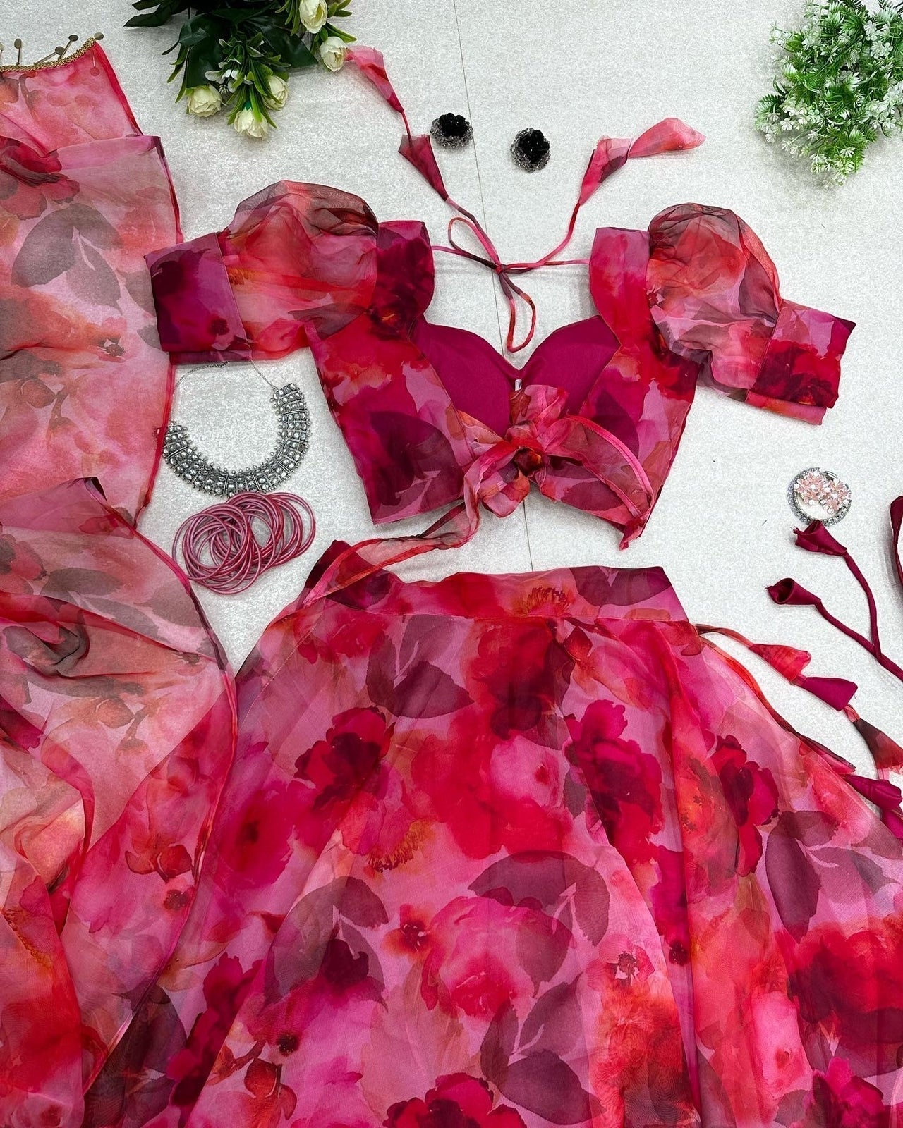 Floral Printed Red Color Organza Silk Lehenga Choli