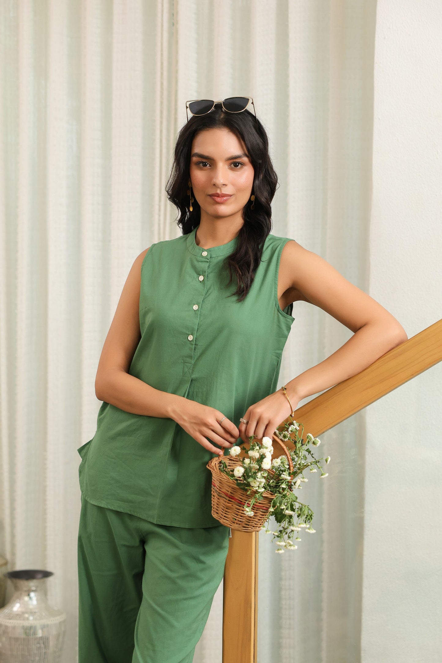 Solid Green Sleeveless Cotton Co-ord Set