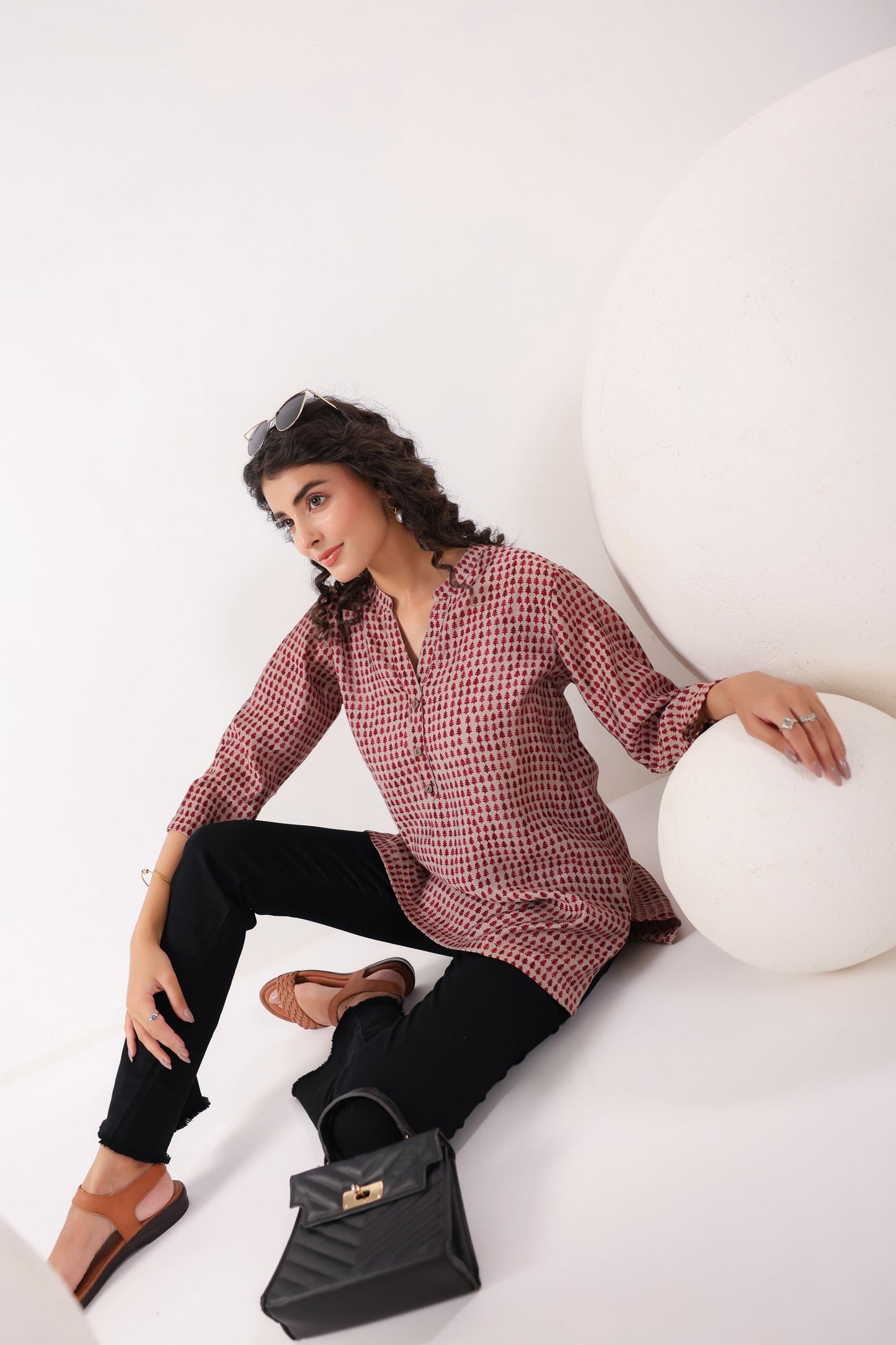 Red & Pink Geometric Muslin Top