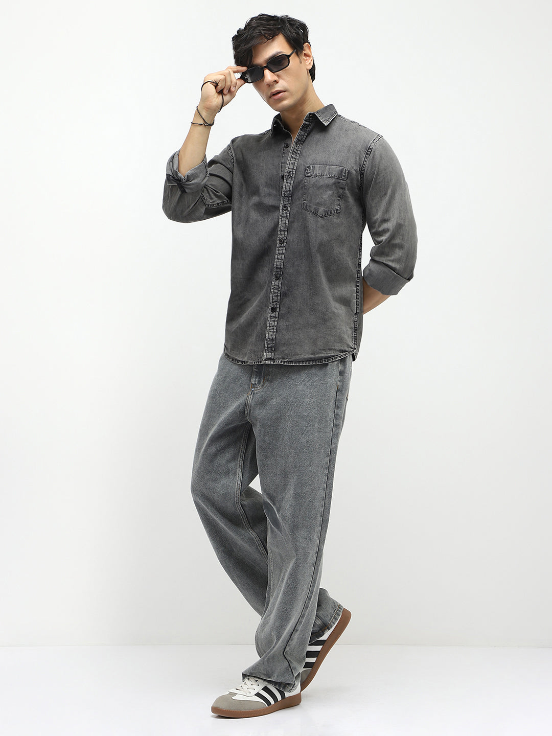 Men's Light Grey Regular Fit Full Sleeve Washed Denim Shirt