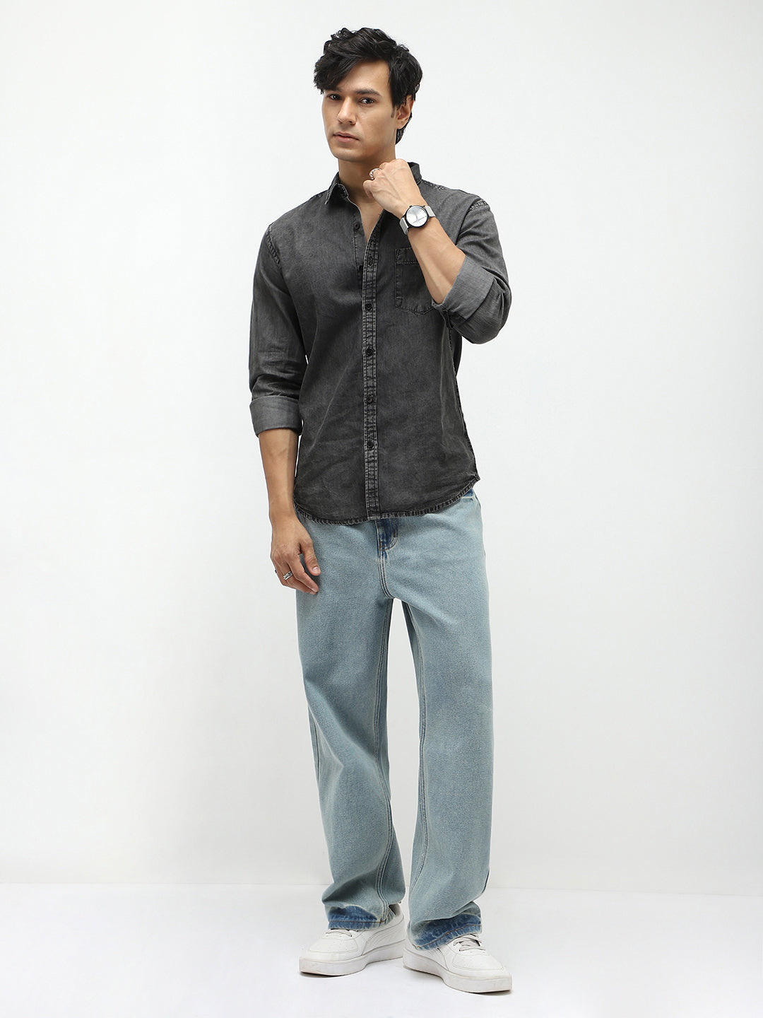 Men's Grey Regular Fit Full Sleeve Washed Denim Shirt