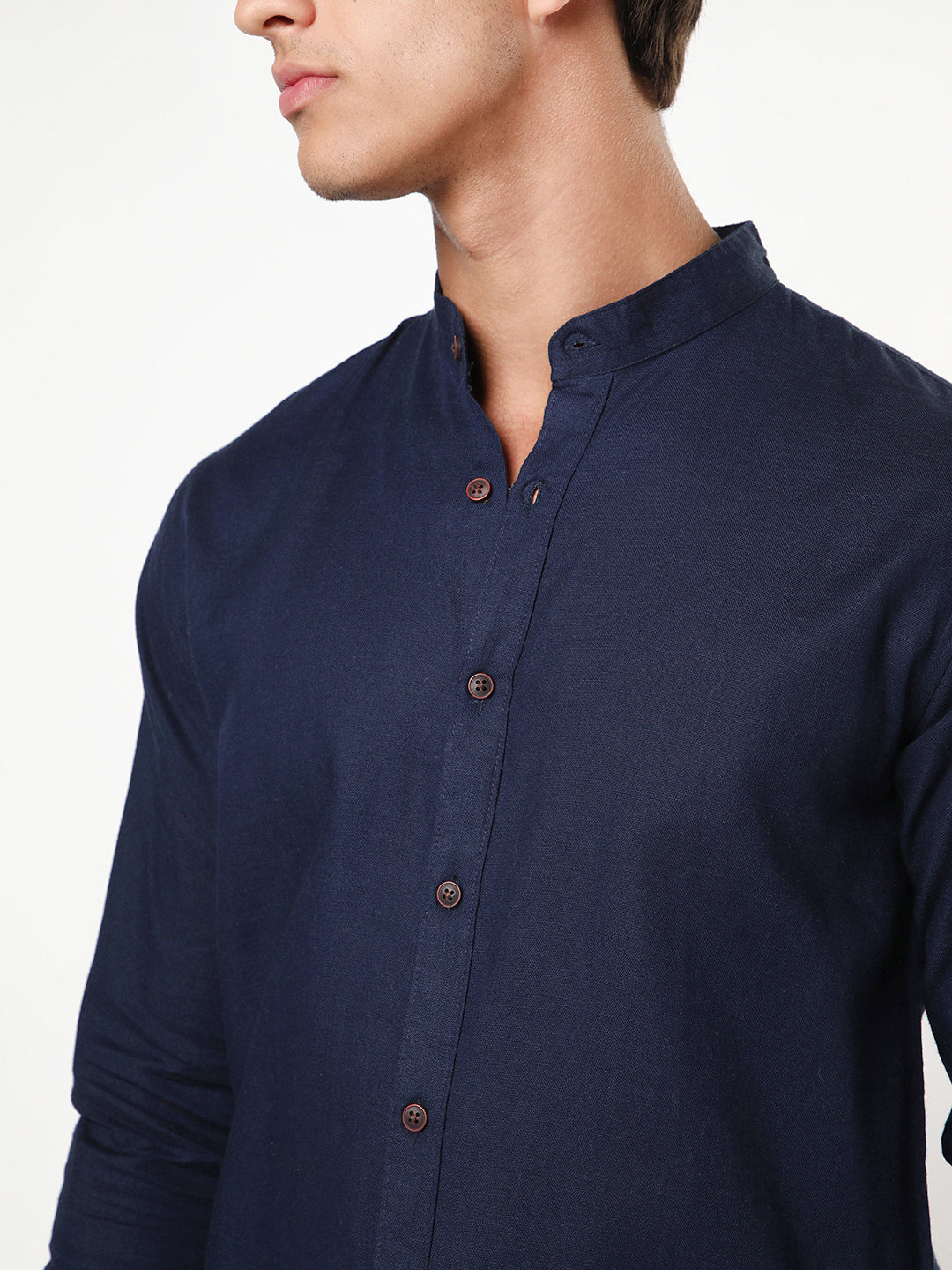 Men's Navy Linen Blend Full Sleeve Relaxed Fit Mandarin Collar Casual Solid Shirt