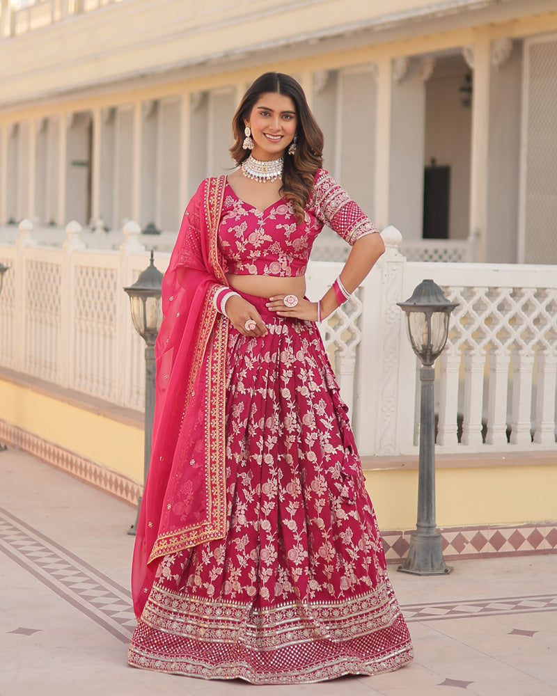 Pink Color Pure Viscose Jacquard Lehenga Choli