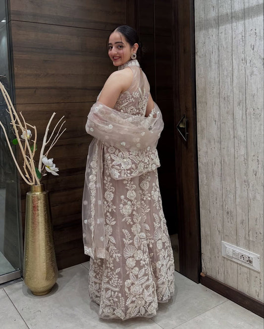 Party Wear Halter Neck Kurta And Plazzo Set Dupatta In Butterfly Net With Sequence Embroidery Work