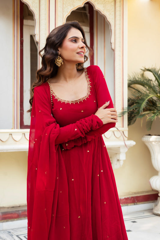 Radiate Elegance in This Red Hand Work Anarkali Suit