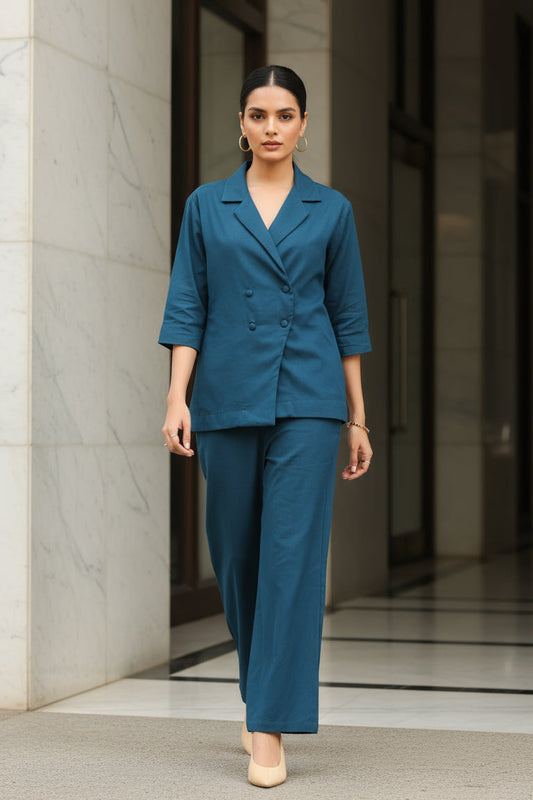 Solid Teal Blue Double-Breasted Cotton Flex Co-ord Set