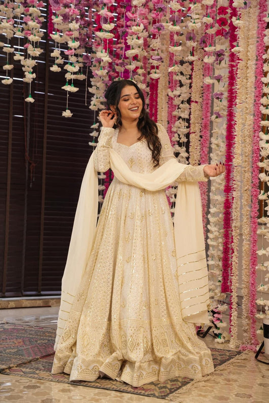 Aniska White Lakhnavi Embroidered Work Anarkali Suit Set