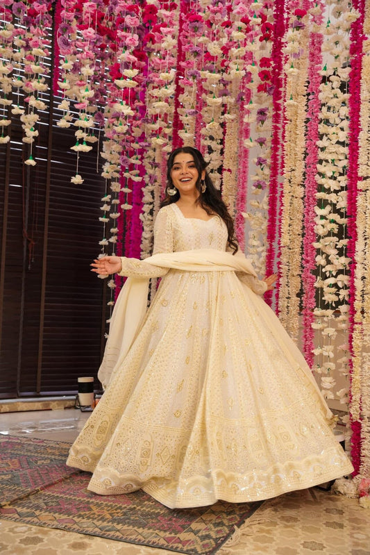 Aniska White Lakhnavi Embroidered Work Anarkali Suit Set