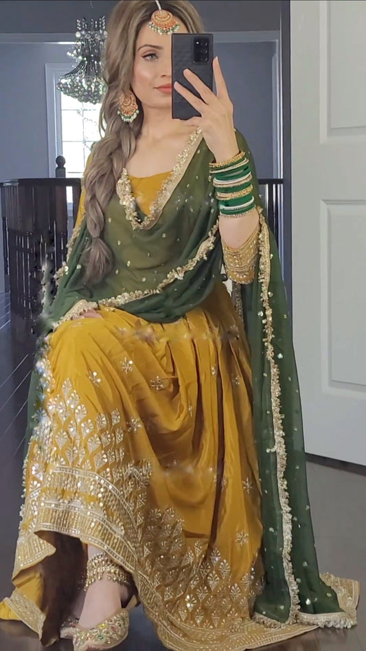 Mustered Color Anarkali Gown With Green Dupatta