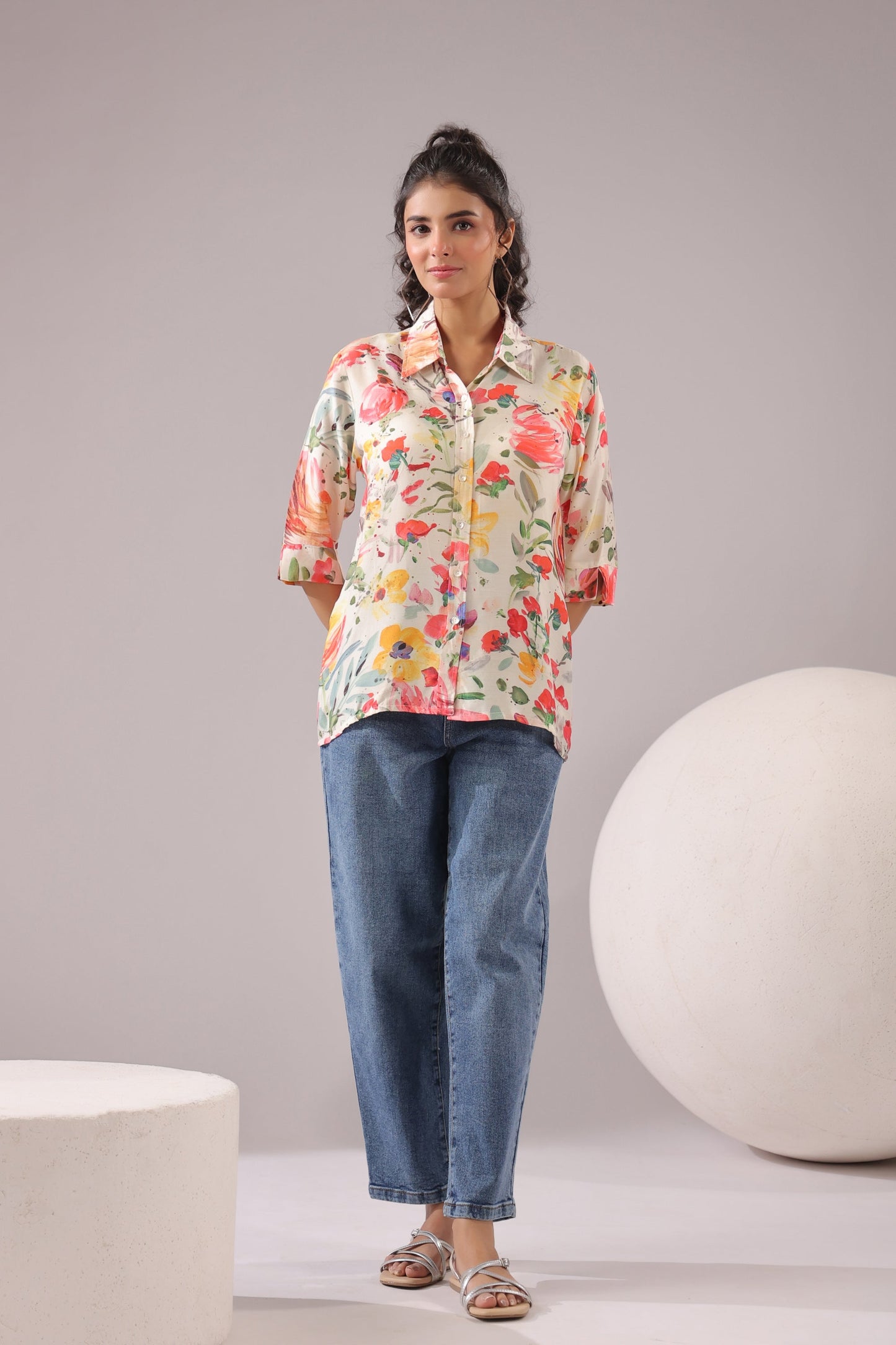 Spring Splash Printed Muslin Silk Shirt
