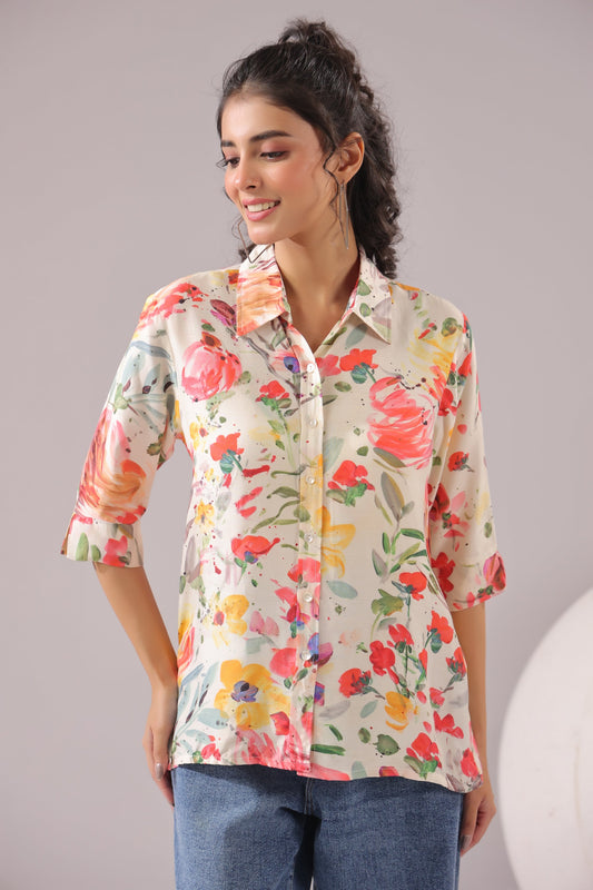 Spring Splash Printed Muslin Silk Shirt
