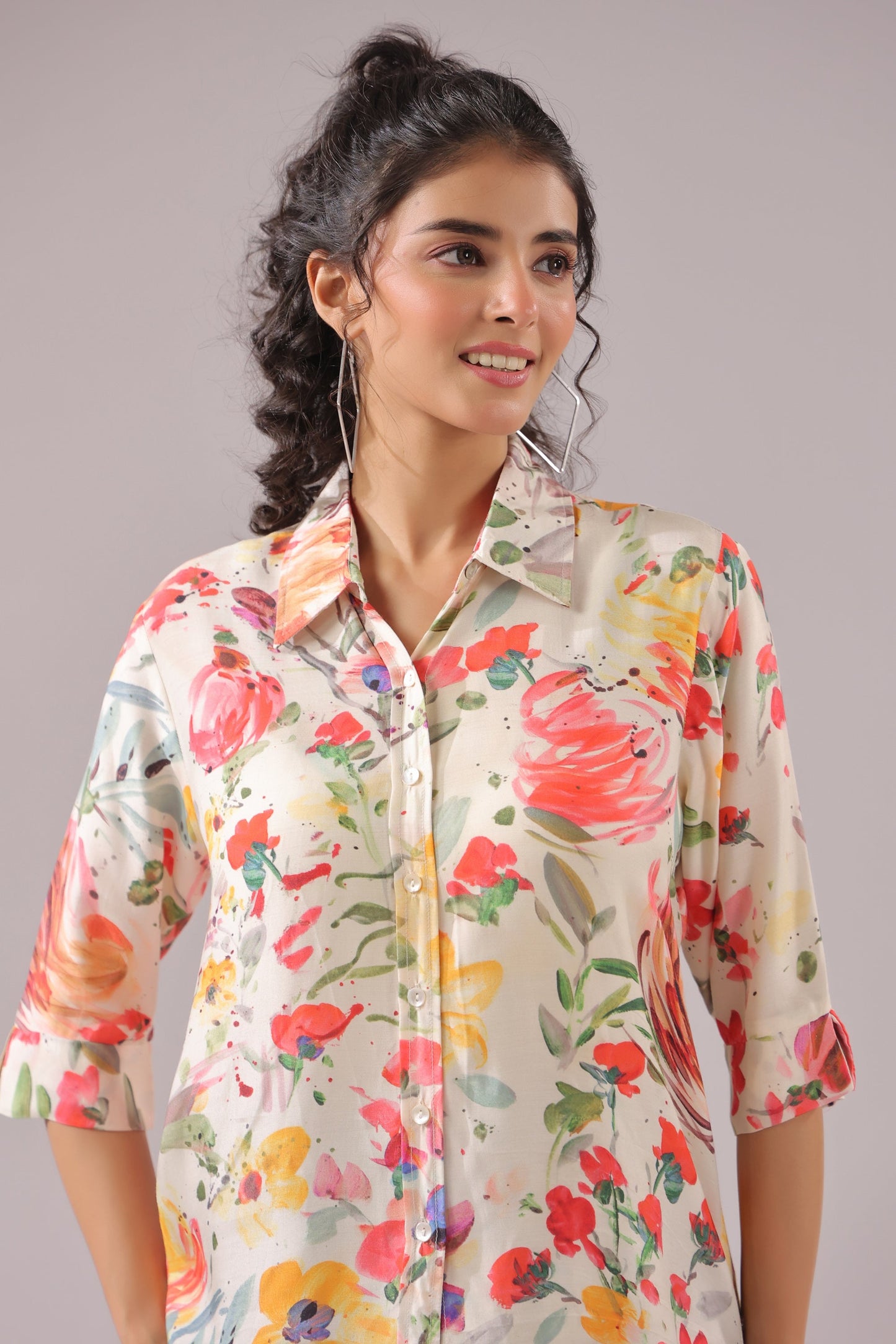 Spring Splash Printed Muslin Silk Shirt