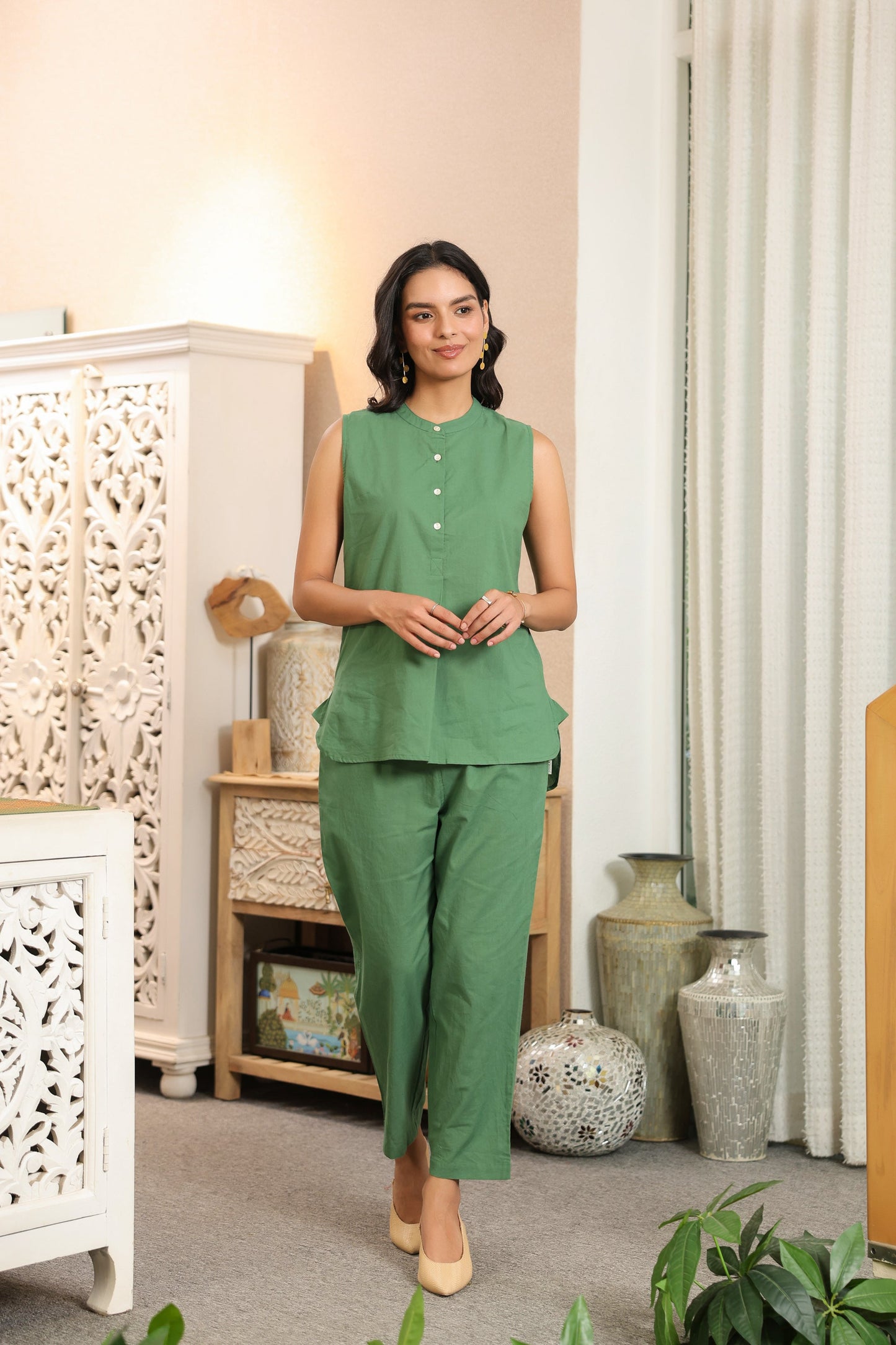 Solid Green Sleeveless Cotton Co-ord Set