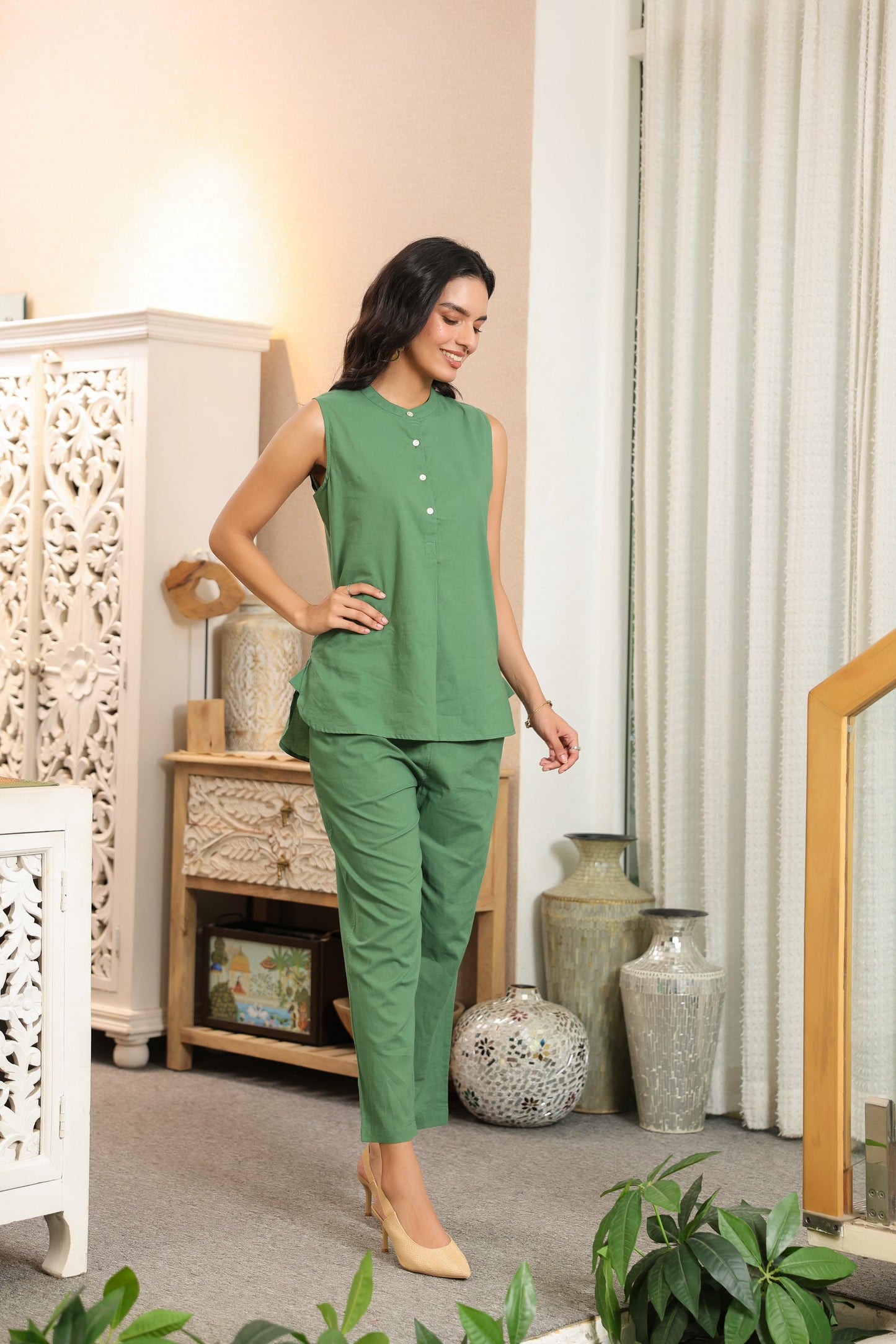 Solid Green Sleeveless Cotton Co-ord Set