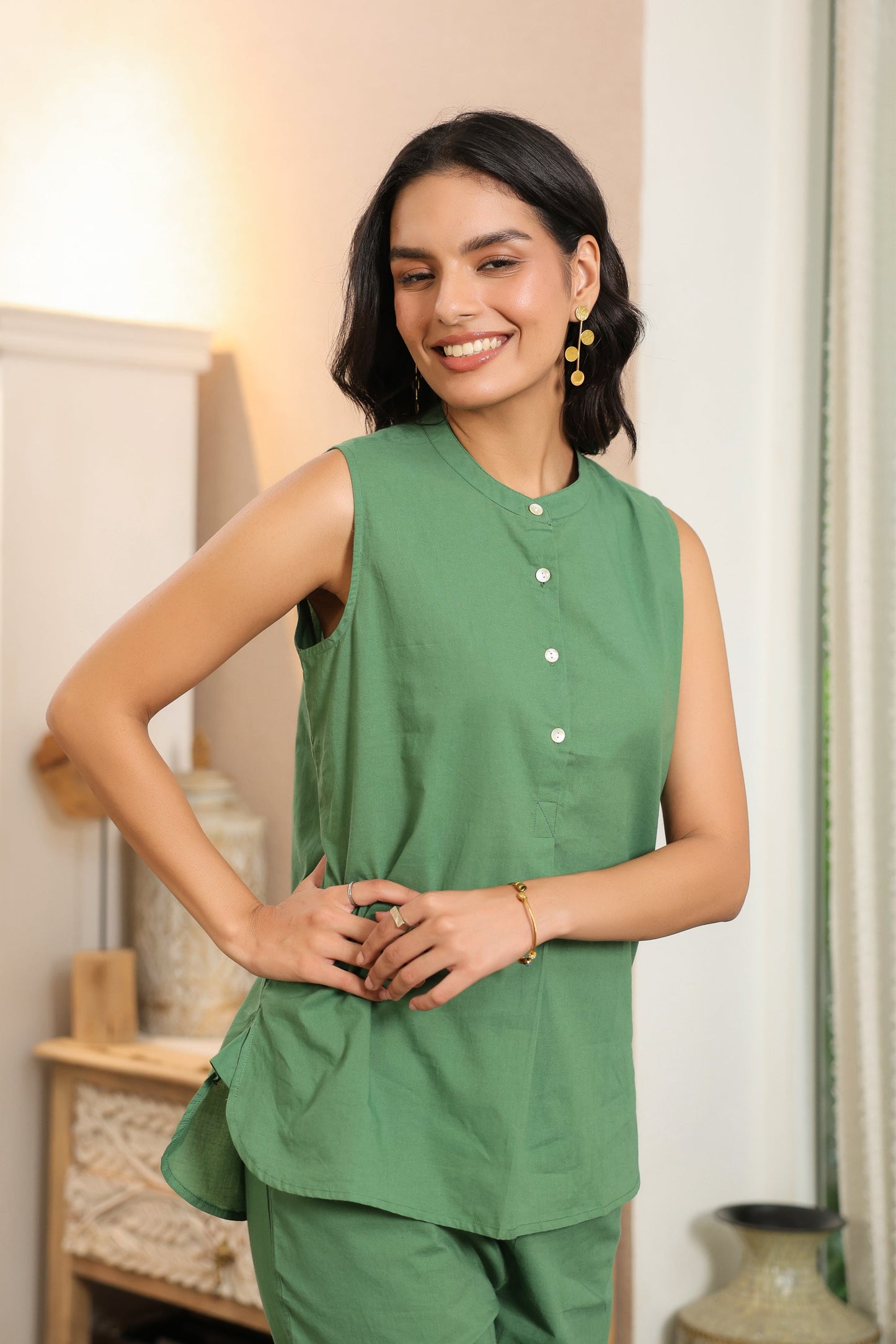 Solid Green Sleeveless Cotton Co-ord Set