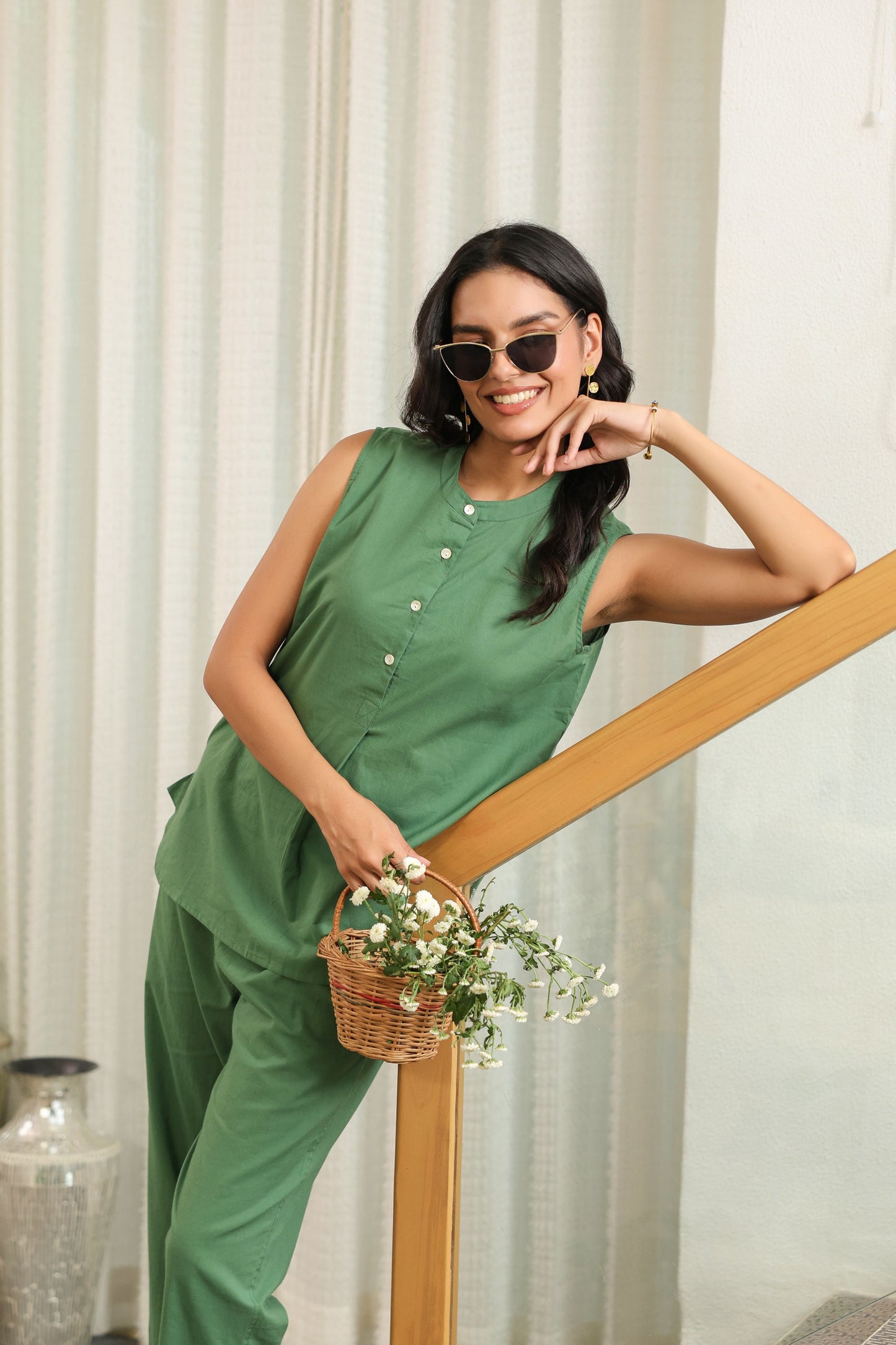 Solid Green Sleeveless Cotton Co-ord Set