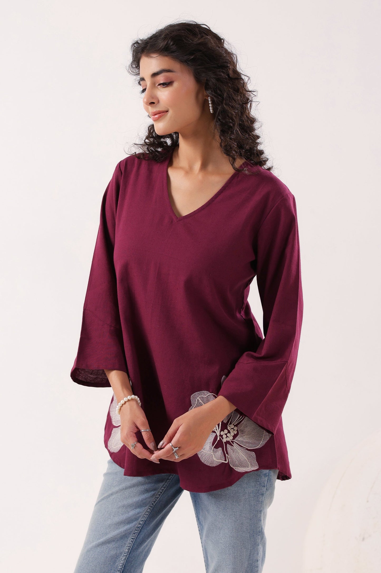 Petal Touch Embroidered Wine Cotton Flex Top