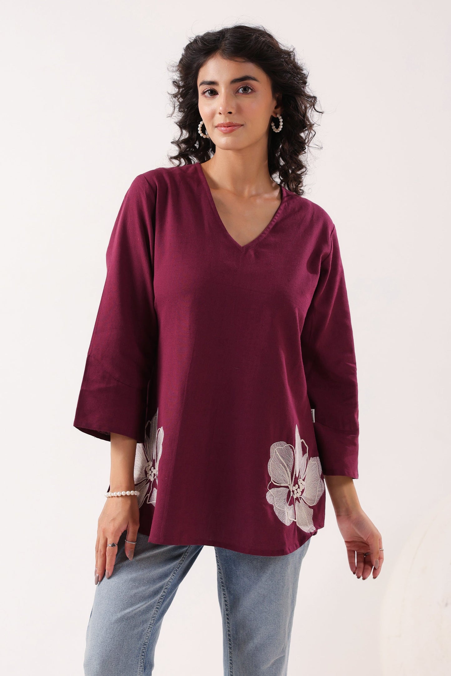 Petal Touch Embroidered Wine Cotton Flex Top