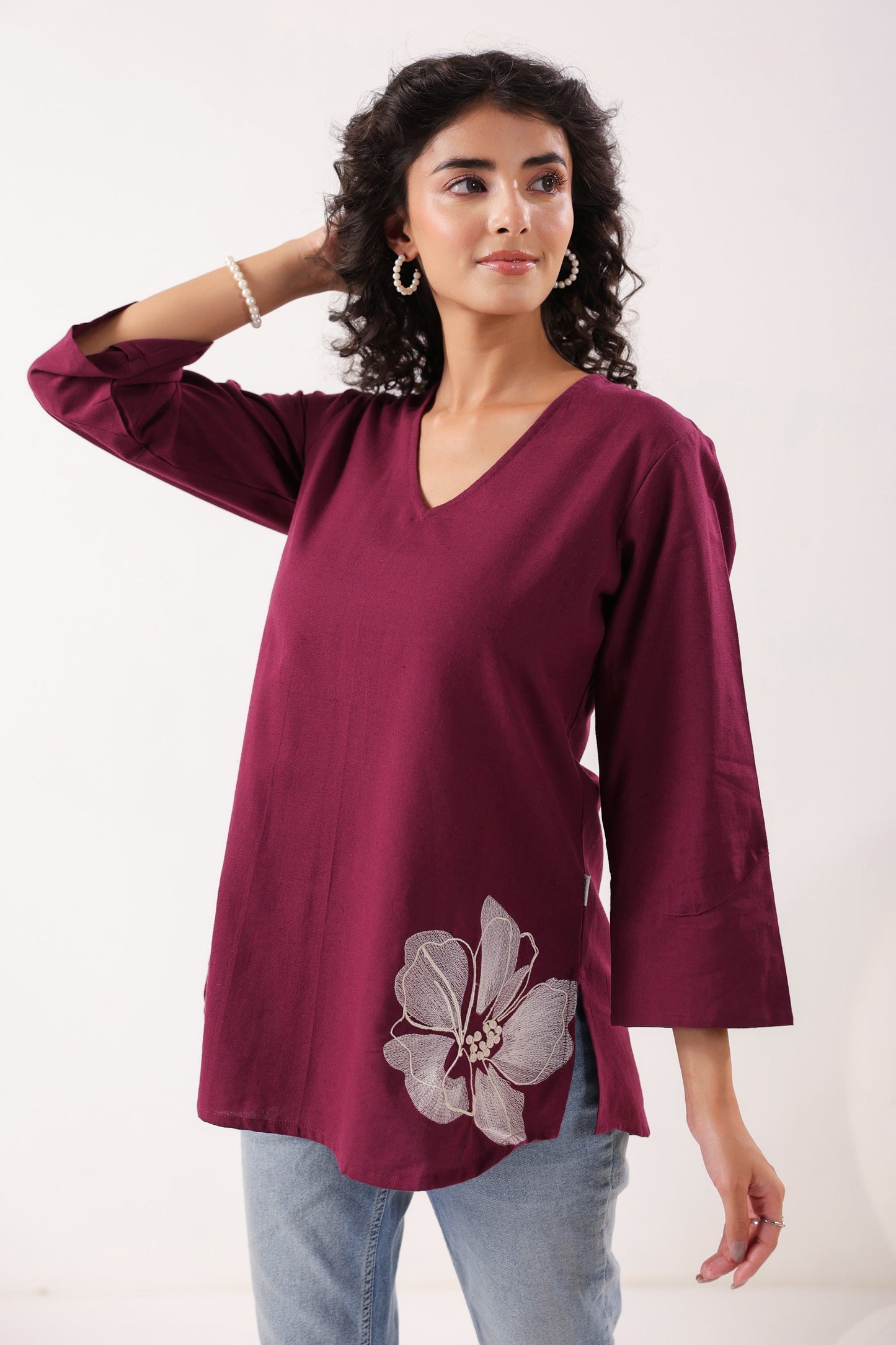 Petal Touch Embroidered Wine Cotton Flex Top