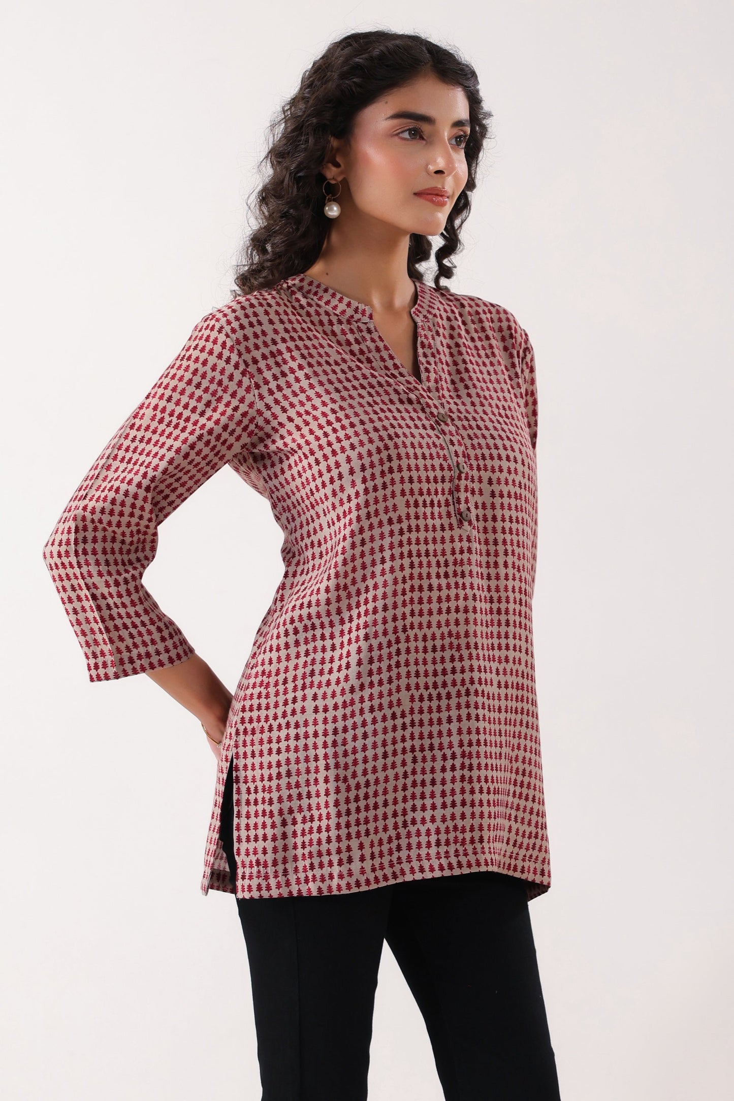 Red & Pink Geometric Muslin Top