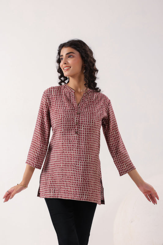 Red & Pink Geometric Muslin Top