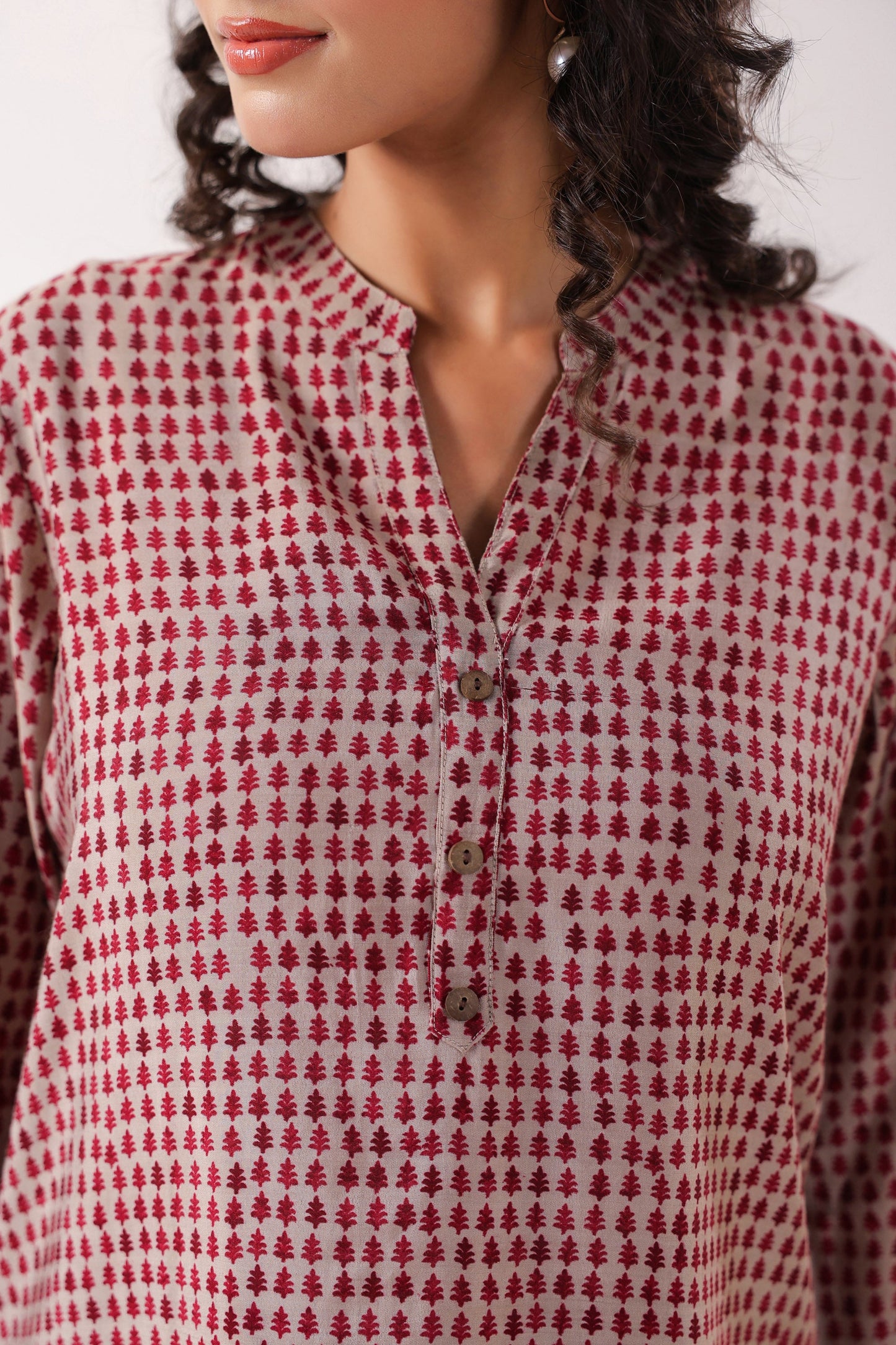 Red & Pink Geometric Muslin Top