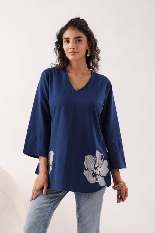 Swirl Essence Collared Blue Cotton Flex Top