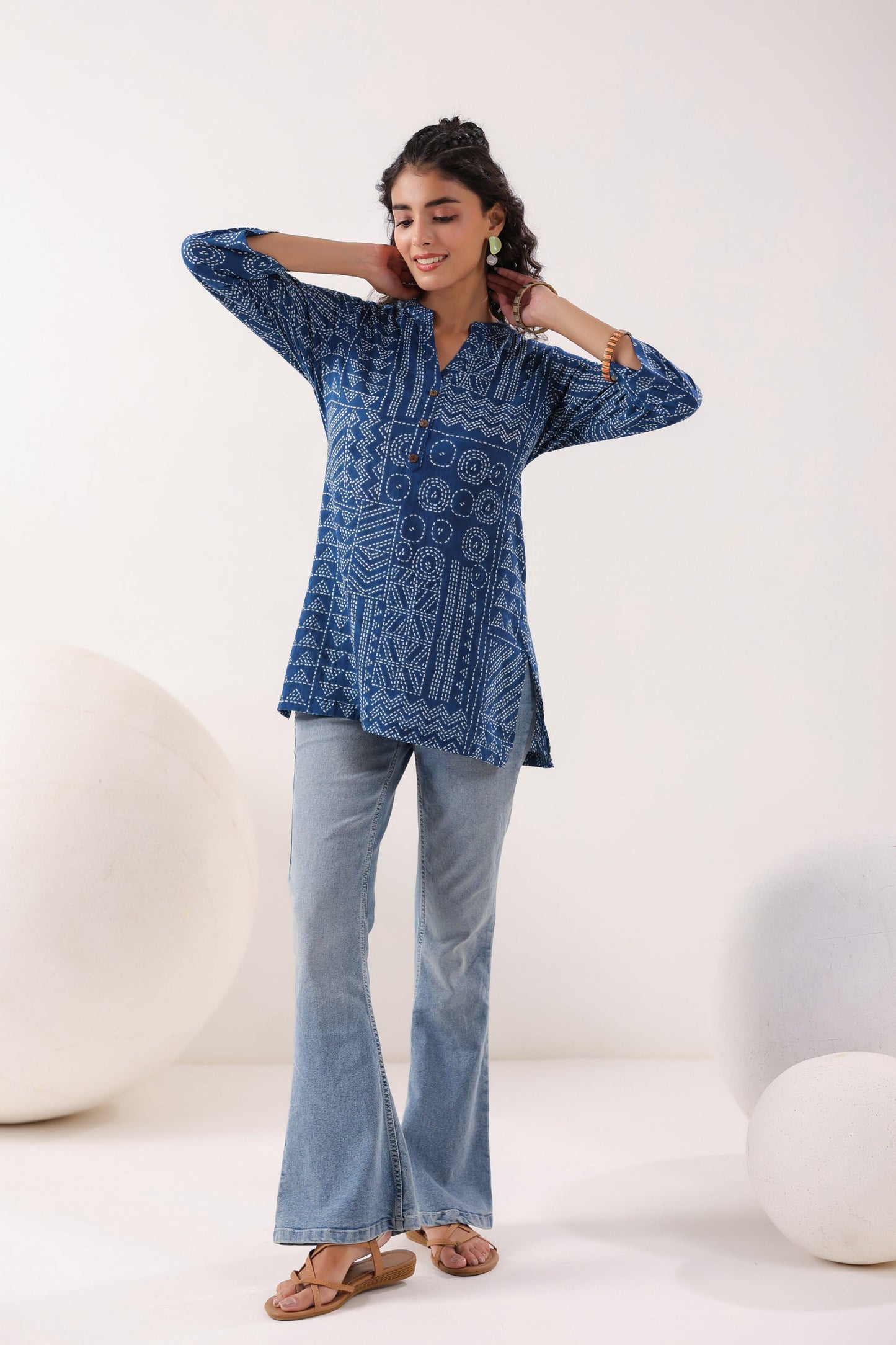 Tribal Echo Printed Blue Cotton Top
