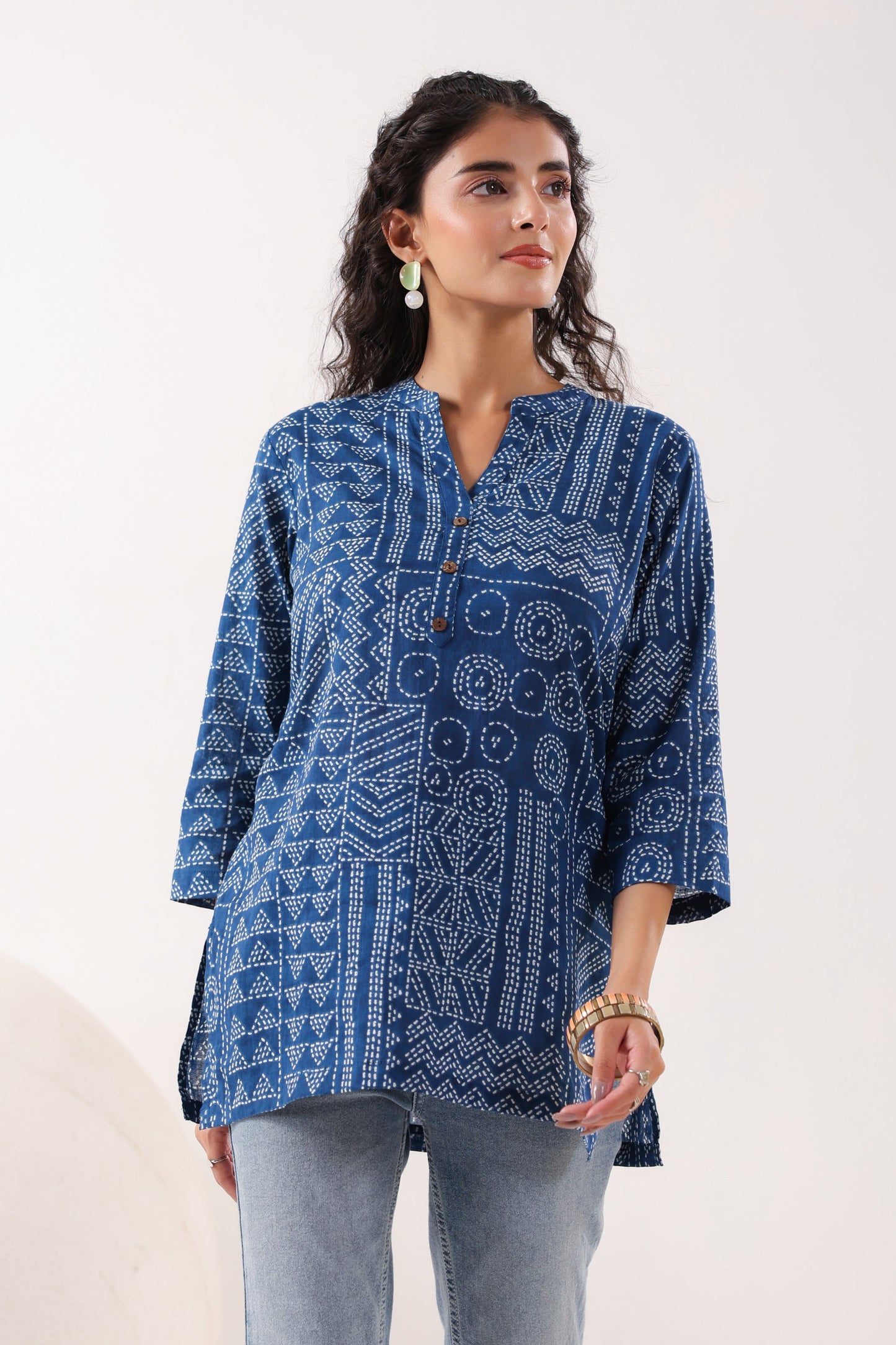 Tribal Echo Printed Blue Cotton Top