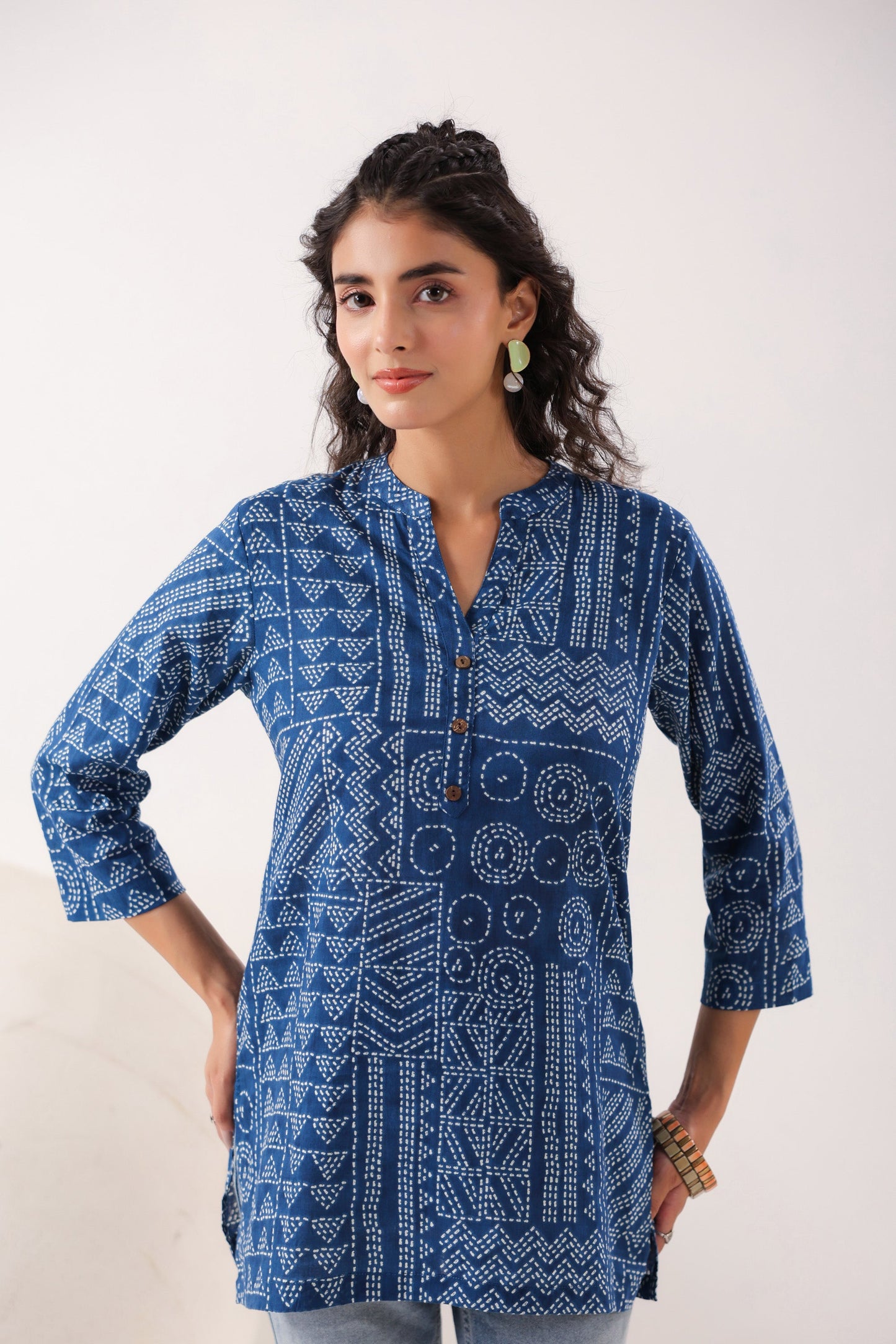 Tribal Echo Printed Blue Cotton Top
