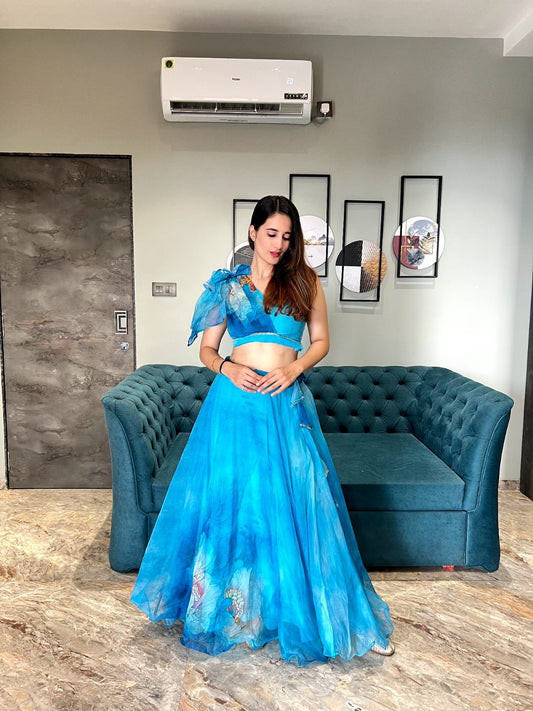 Fancy Pattern Sky Blue Color Printrd Organza Lehenga Choli
