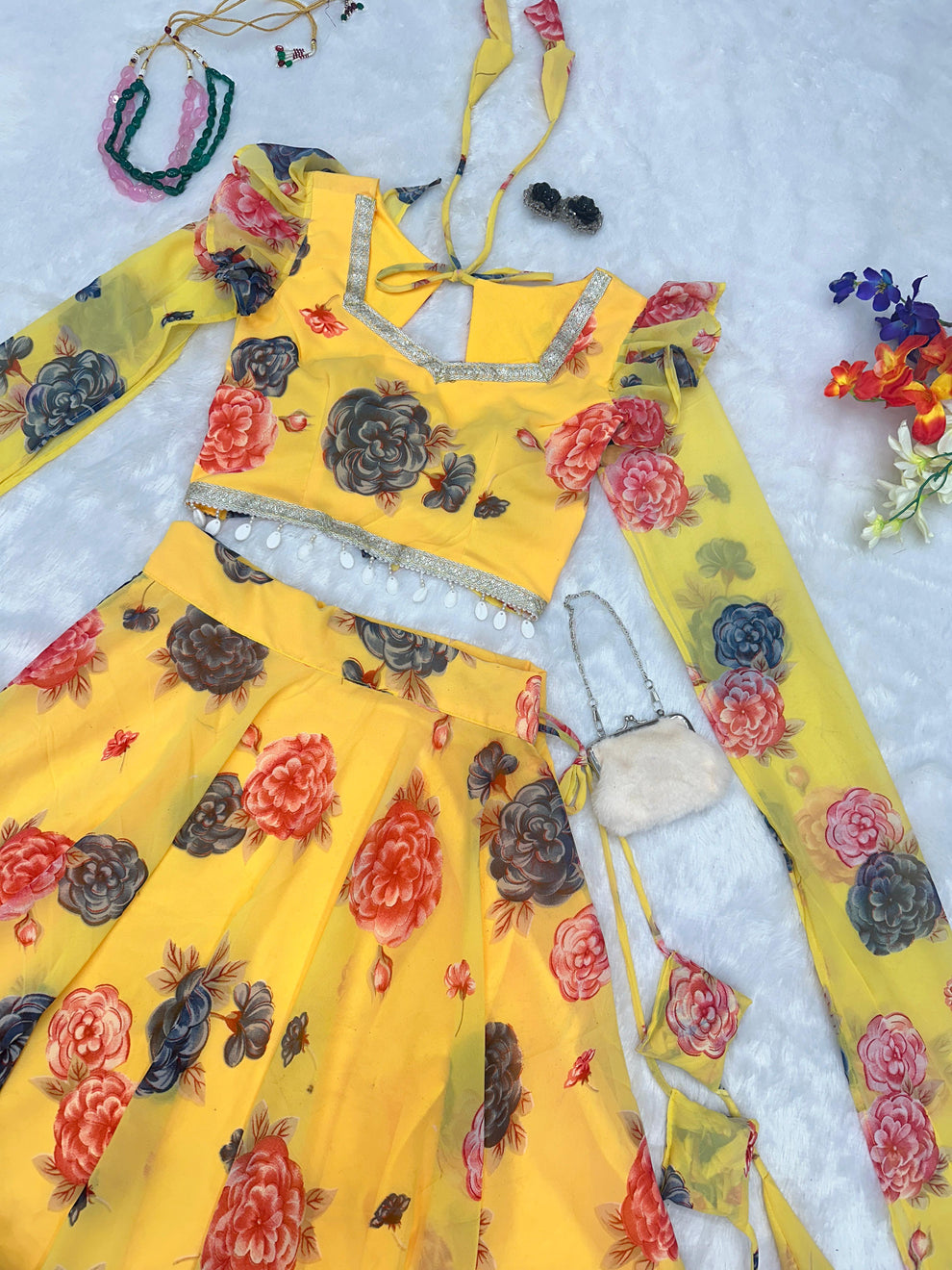 Fancy Sleeves Pattern Flower Print Yellow Lehenga Choli