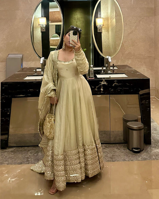 Neha’s Beige Dress Festive Anarkali Suit Set For Wedding & Diwali Outfit