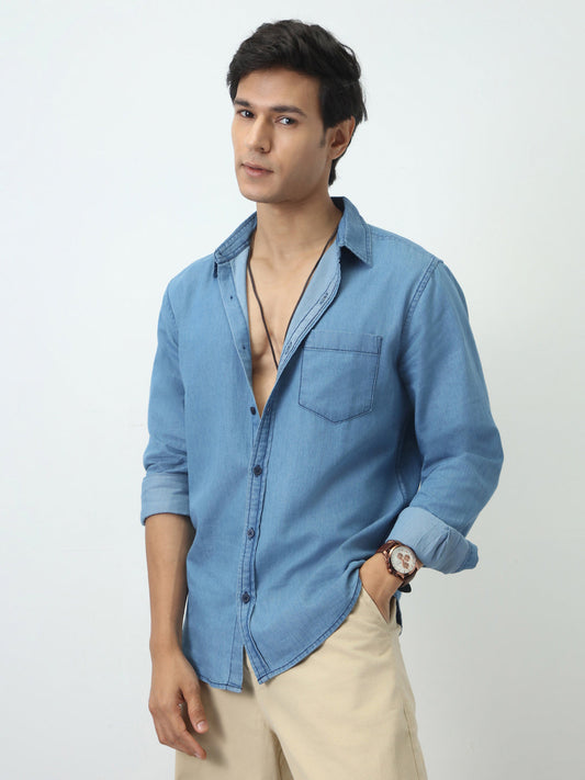 Men's Light Blue Regular Fit Full Sleeve Solid Denim Shirt