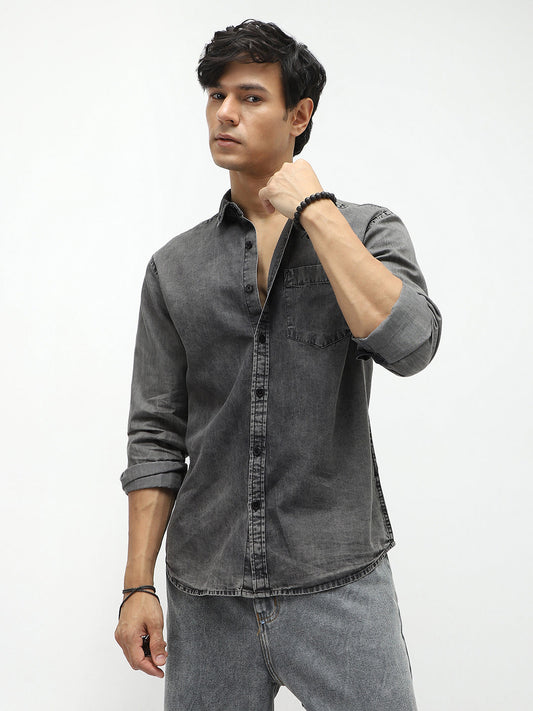 Men's Light Grey Regular Fit Full Sleeve Washed Denim Shirt