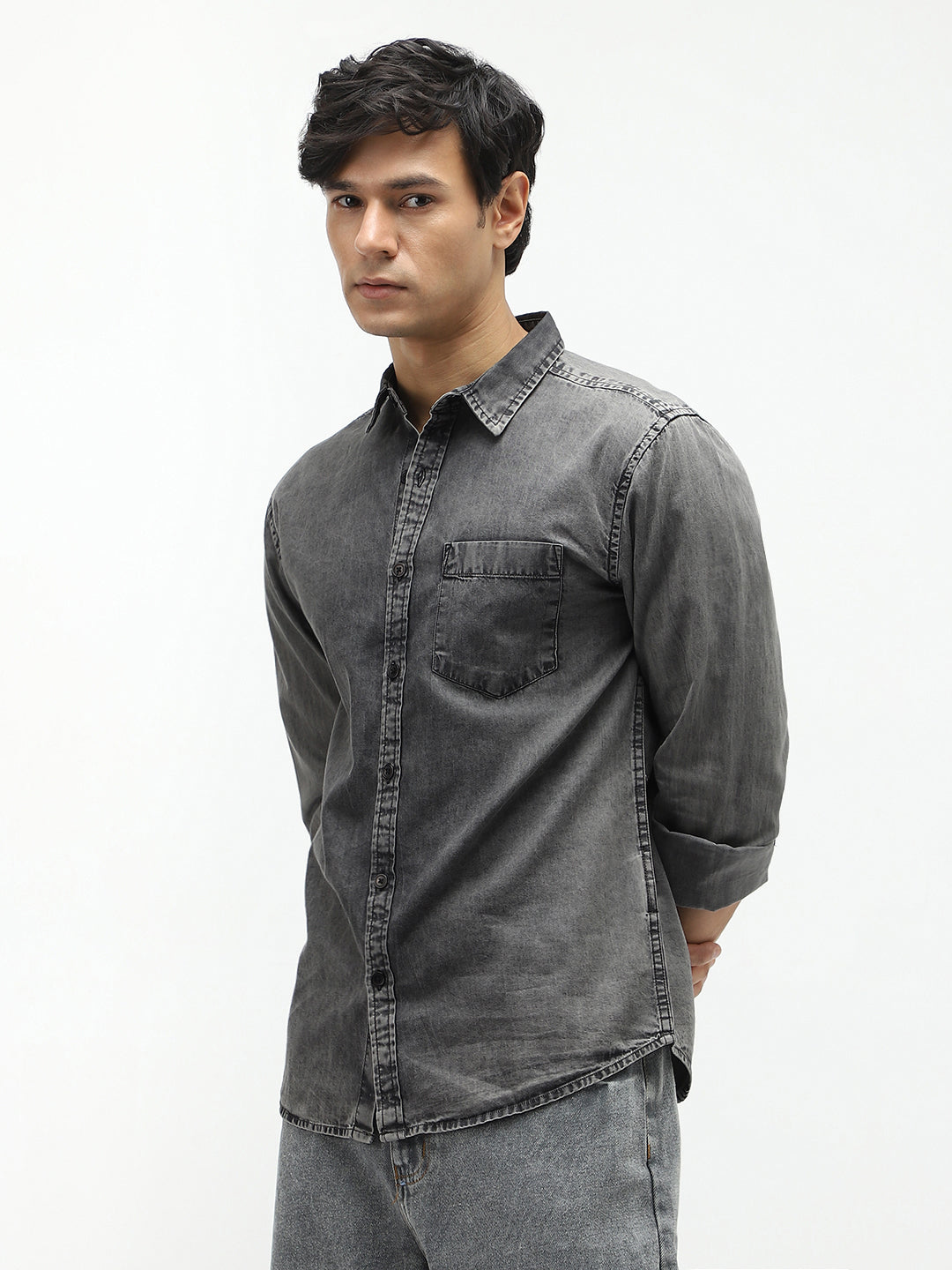 Men's Light Grey Regular Fit Full Sleeve Washed Denim Shirt