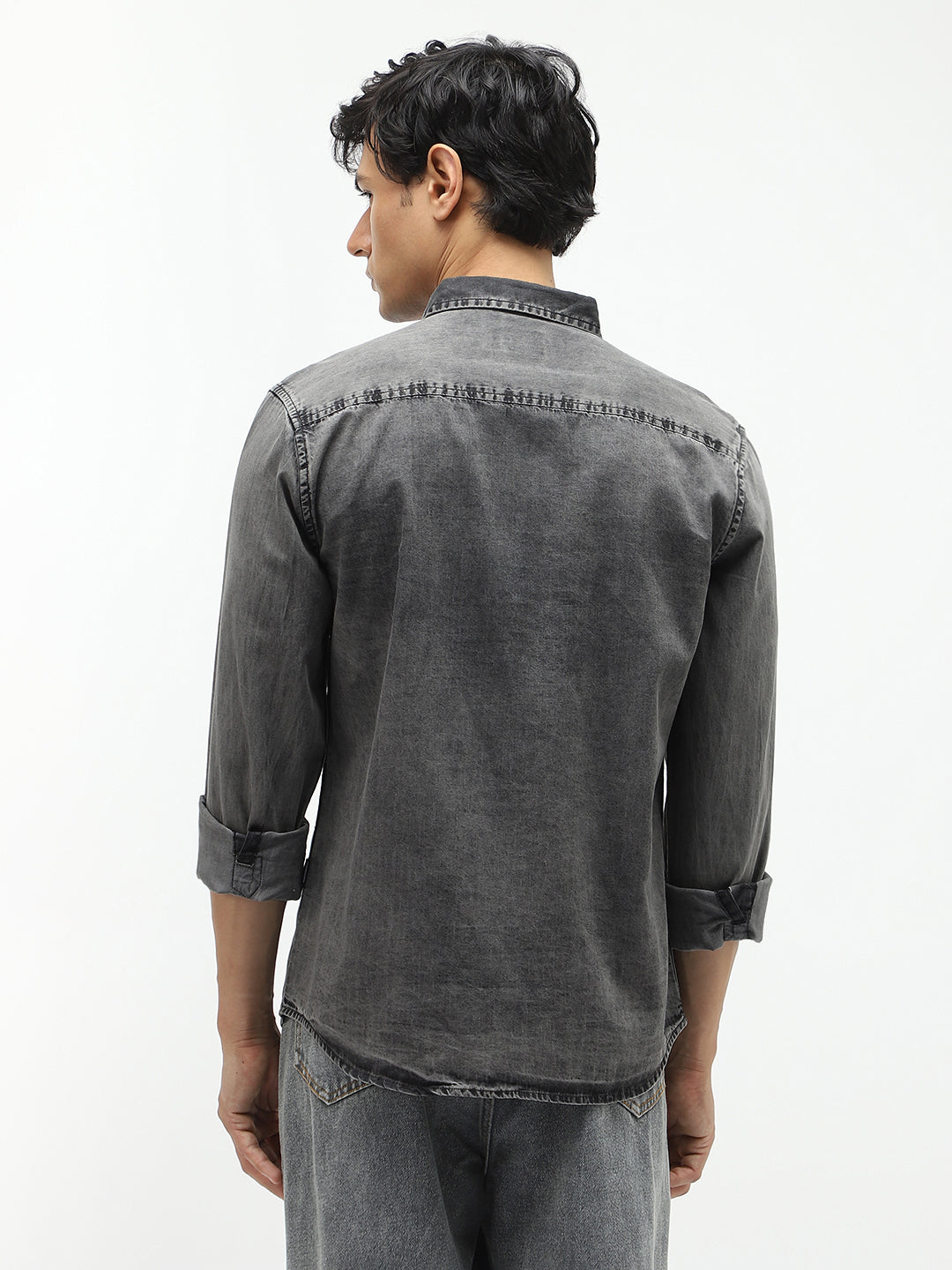 Men's Light Grey Regular Fit Full Sleeve Washed Denim Shirt