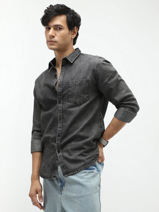 Men's Grey Regular Fit Full Sleeve Washed Denim Shirt