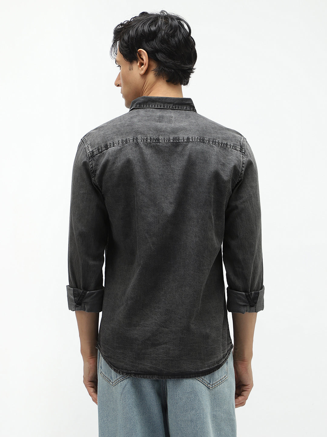 Men's Grey Regular Fit Full Sleeve Washed Denim Shirt