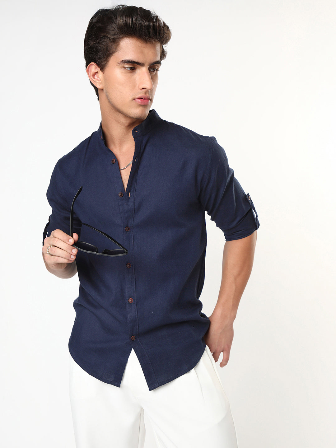 Men's Navy Linen Blend Full Sleeve Relaxed Fit Mandarin Collar Casual Solid Shirt