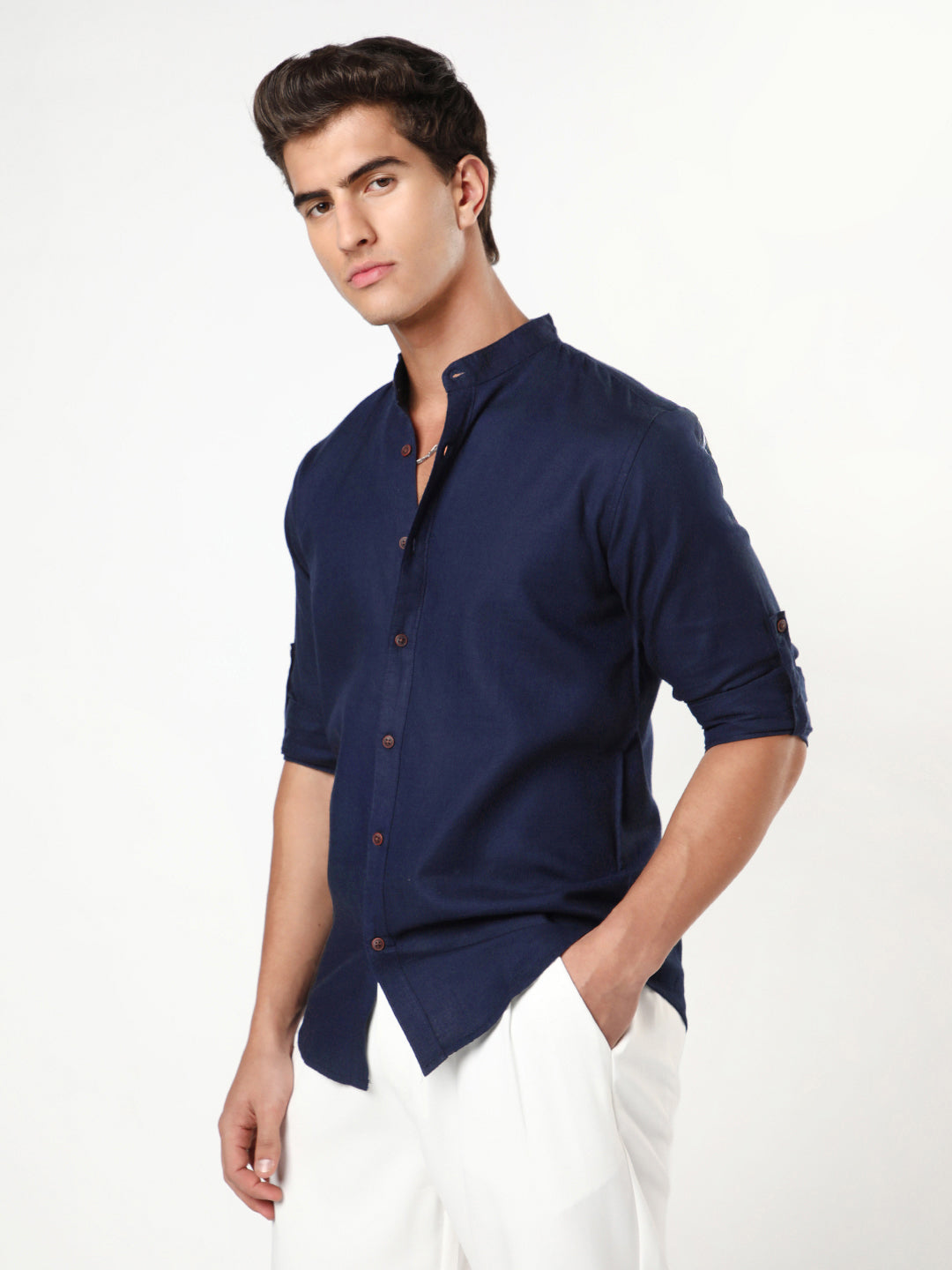 Men's Navy Linen Blend Full Sleeve Relaxed Fit Mandarin Collar Casual Solid Shirt