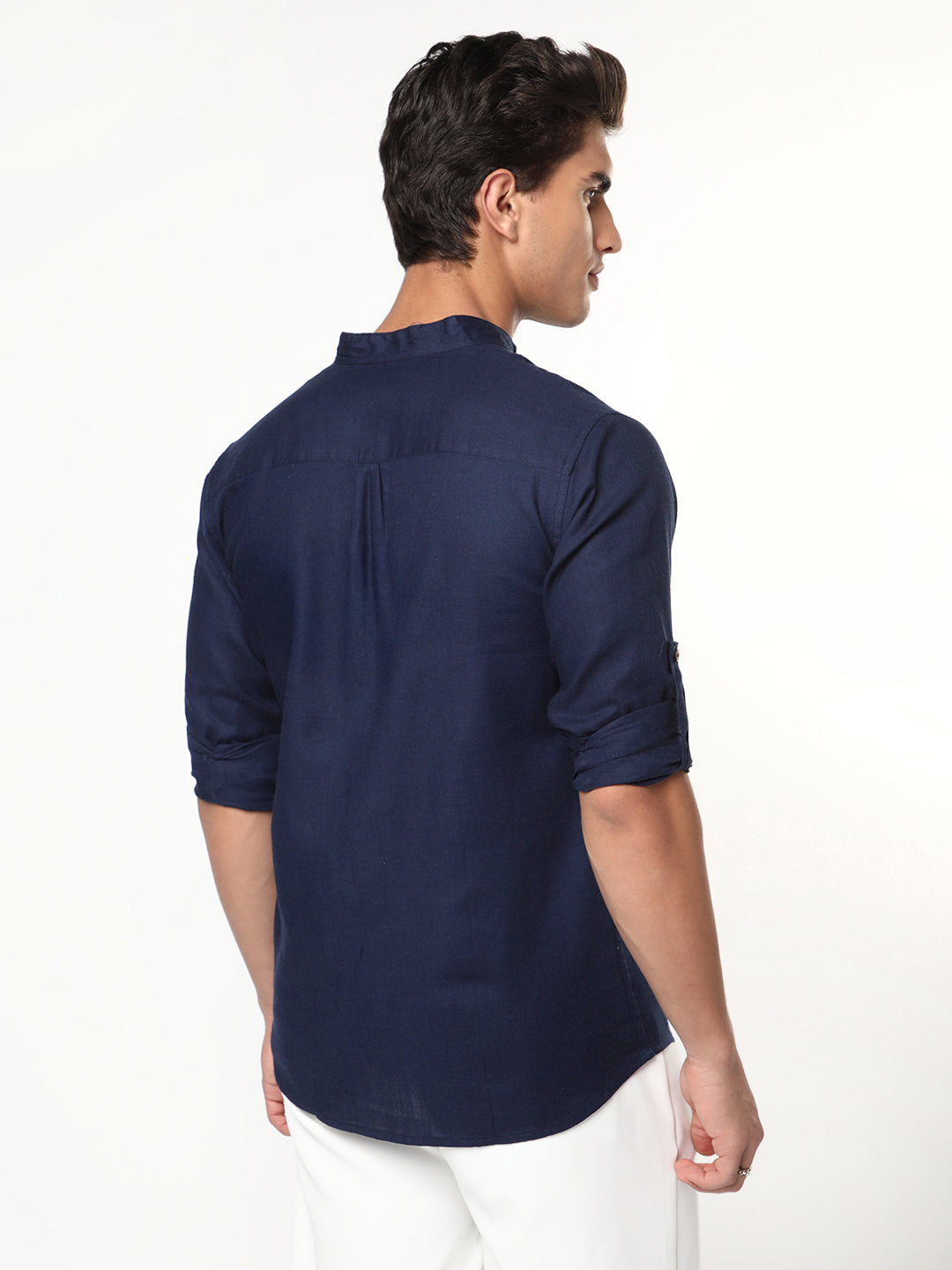 Men's Navy Linen Blend Full Sleeve Relaxed Fit Mandarin Collar Casual Solid Shirt