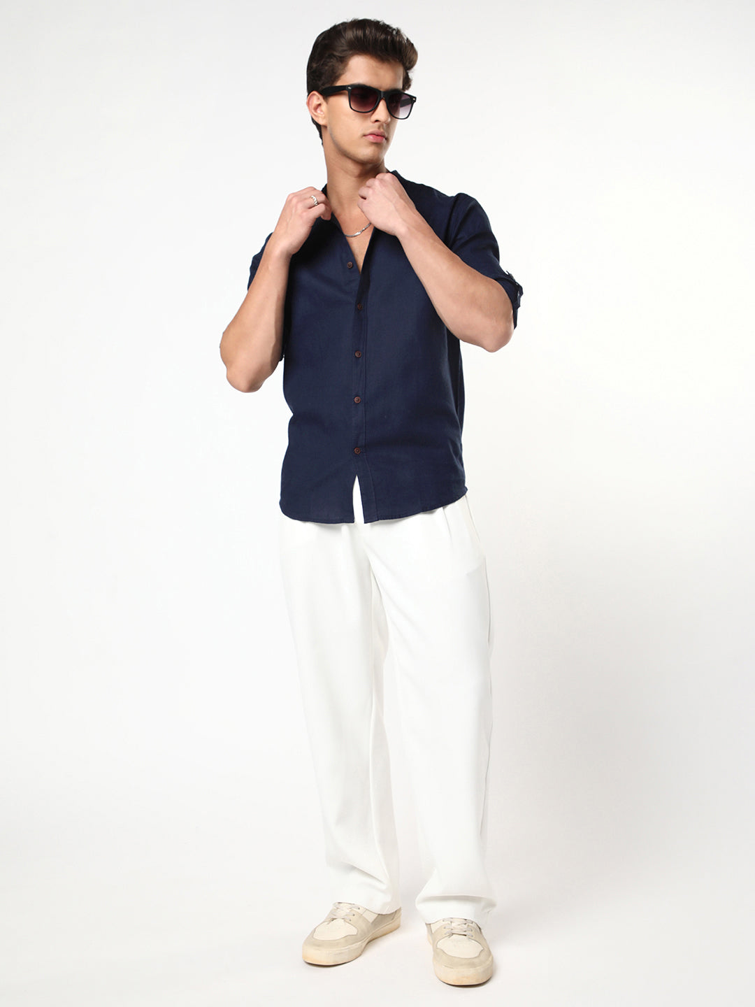 Men's Navy Linen Blend Full Sleeve Relaxed Fit Mandarin Collar Casual Solid Shirt