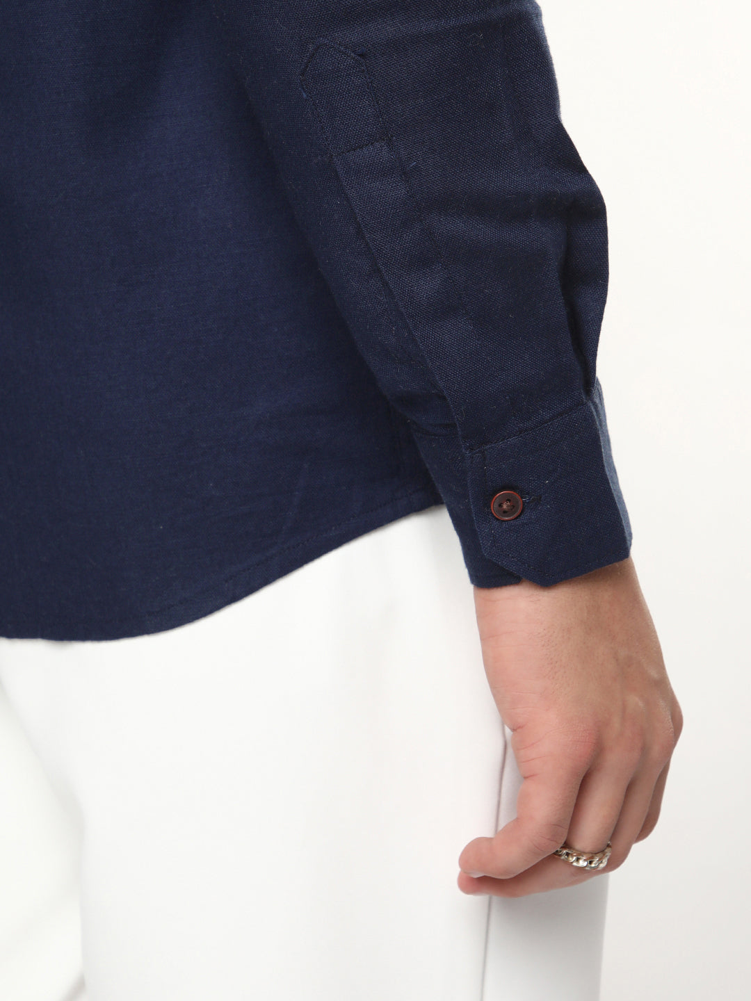 Men's Navy Linen Blend Full Sleeve Relaxed Fit Mandarin Collar Casual Solid Shirt