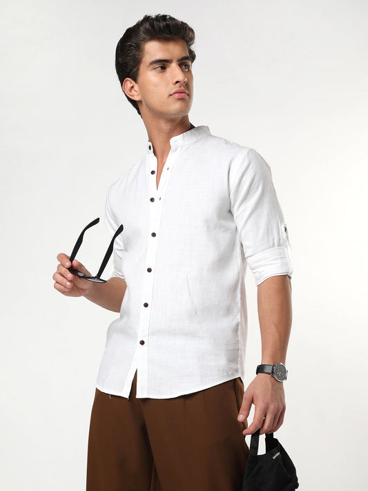 Men's White Linen Blend Full Sleeve Relaxed Fit Mandarin Collar Casual Solid Shirt