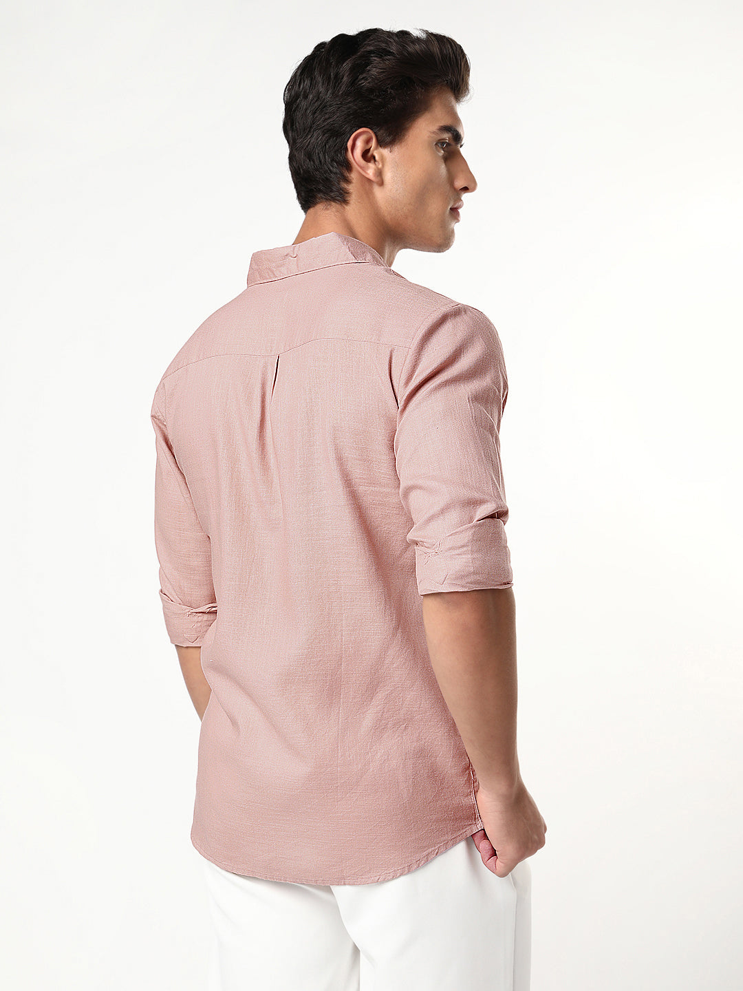Men's Dusty Pink Linen Blend Full Sleeve Relaxed Fit Casual Solid Shirt