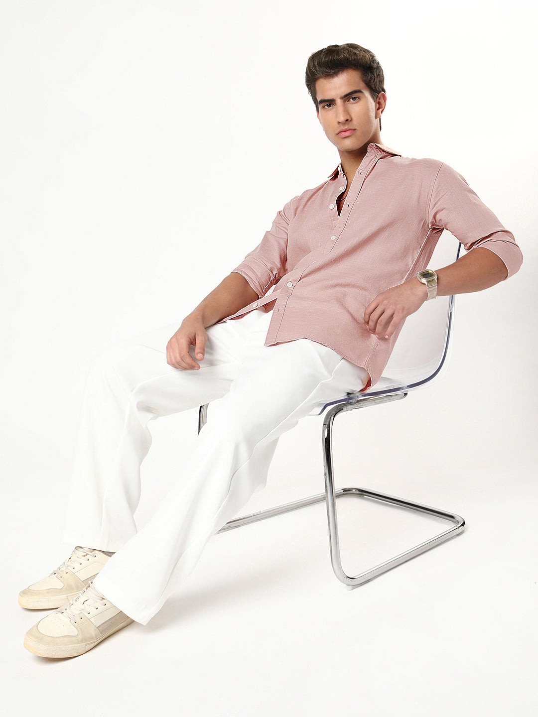 Men's Dusty Pink Linen Blend Full Sleeve Relaxed Fit Casual Solid Shirt