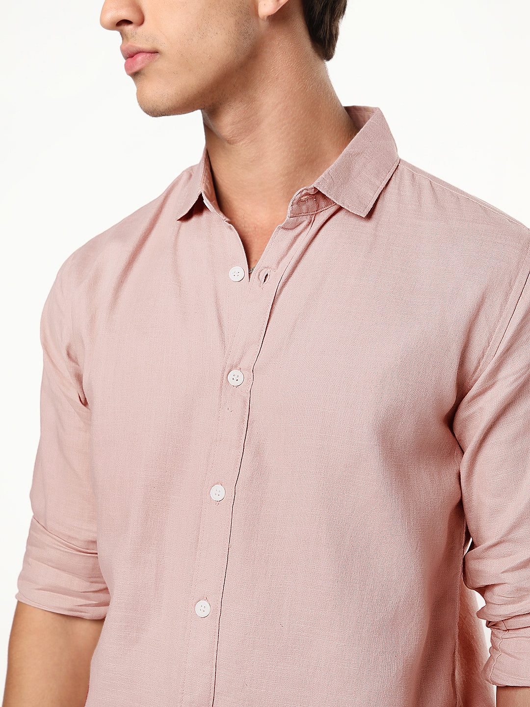 Men's Dusty Pink Linen Blend Full Sleeve Relaxed Fit Casual Solid Shirt