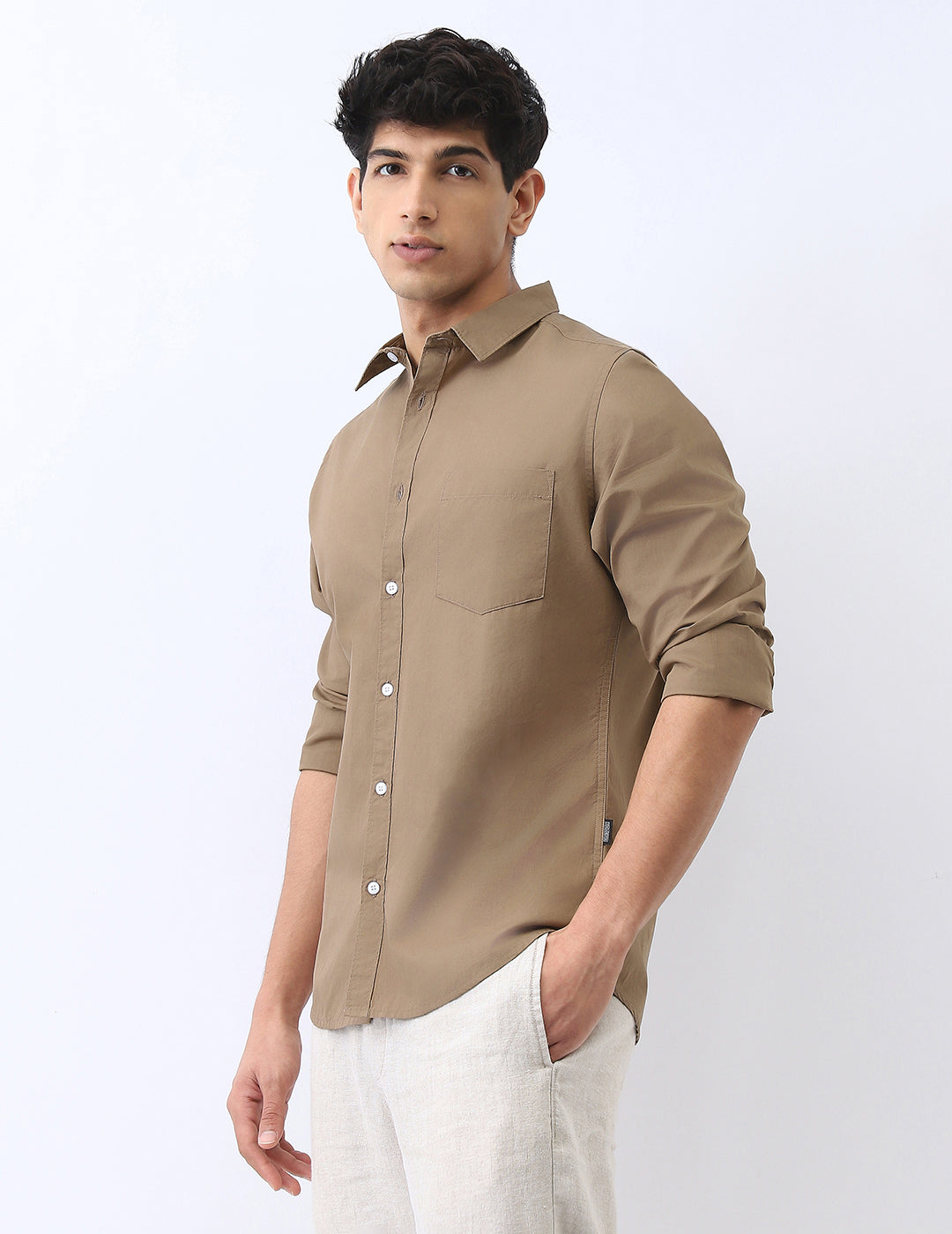 Men's Light Brown Cotton Full Sleeve Regular Fit Casual Solid Shirt