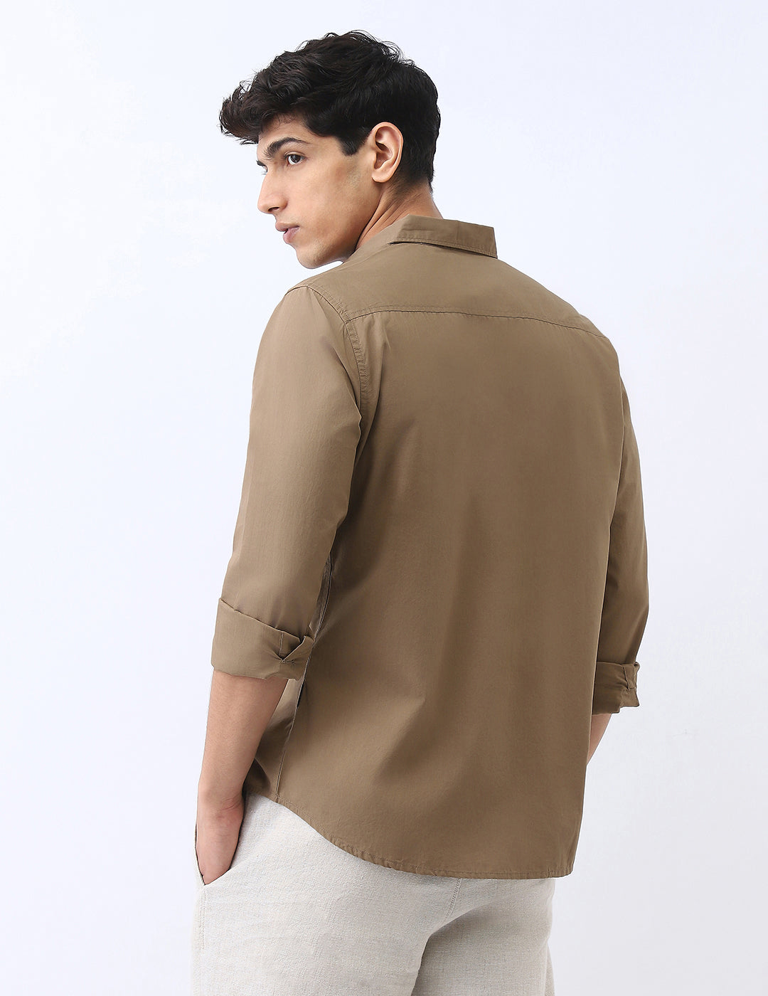 Men's Light Brown Cotton Full Sleeve Regular Fit Casual Solid Shirt